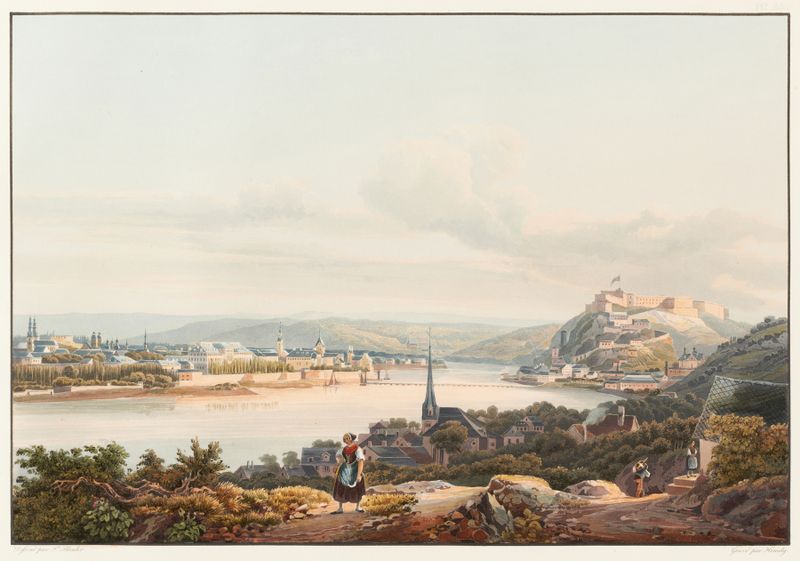 Paisagem de Coblence com fortaleza, óleo de Johann Ludwig Bleuler