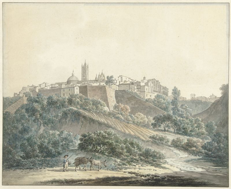 Paisagem de Siena por Daniël Dupré, pintura a óleo que mostra luz do sol na arquitetura.