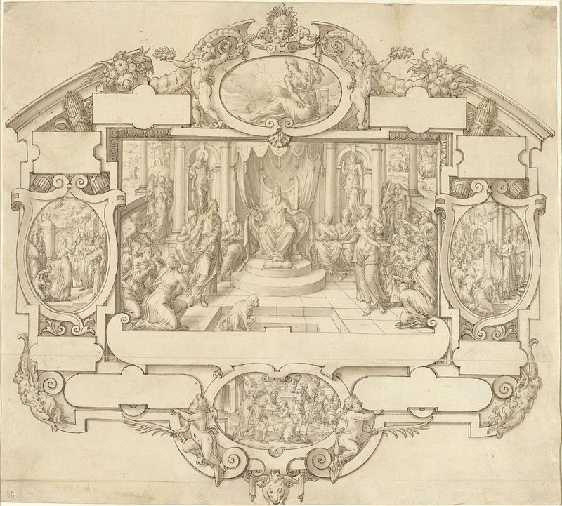 Allegorie op de Rechtspraak gravura de Etienne Delaune representando uma figura da justiça.