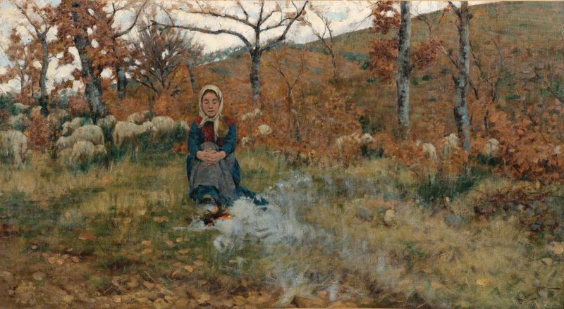 Una pastora con su rebaño, óleo de Niccolò Cannicci