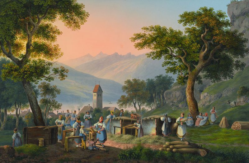 Óleo sobre tela de Johann Ludwig Bleuler retratando uma paisagem rural com luz do sol e casas.