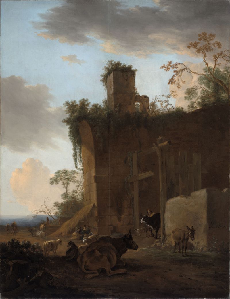 Italianate landscape with drovers, cattle, and sheep beside ruins, oil on panel by Jan Asselijn