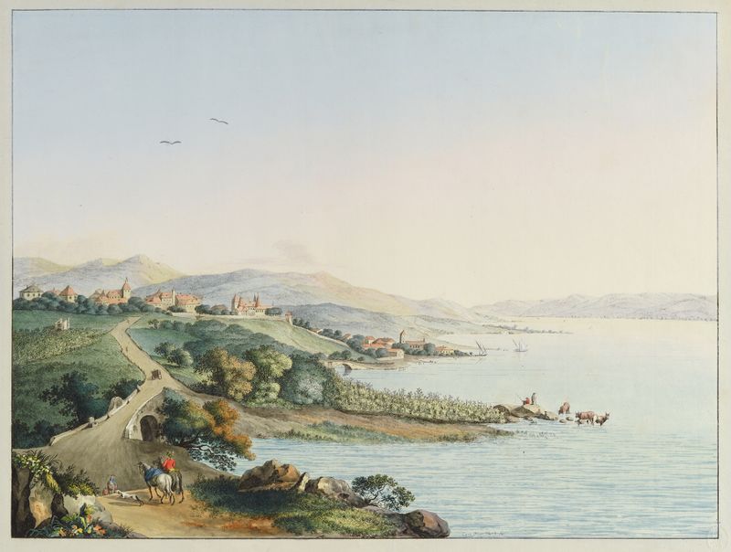Pintura rococó de un paisaje sereno con colinas y un pueblo de Carl Ludwig Hackert