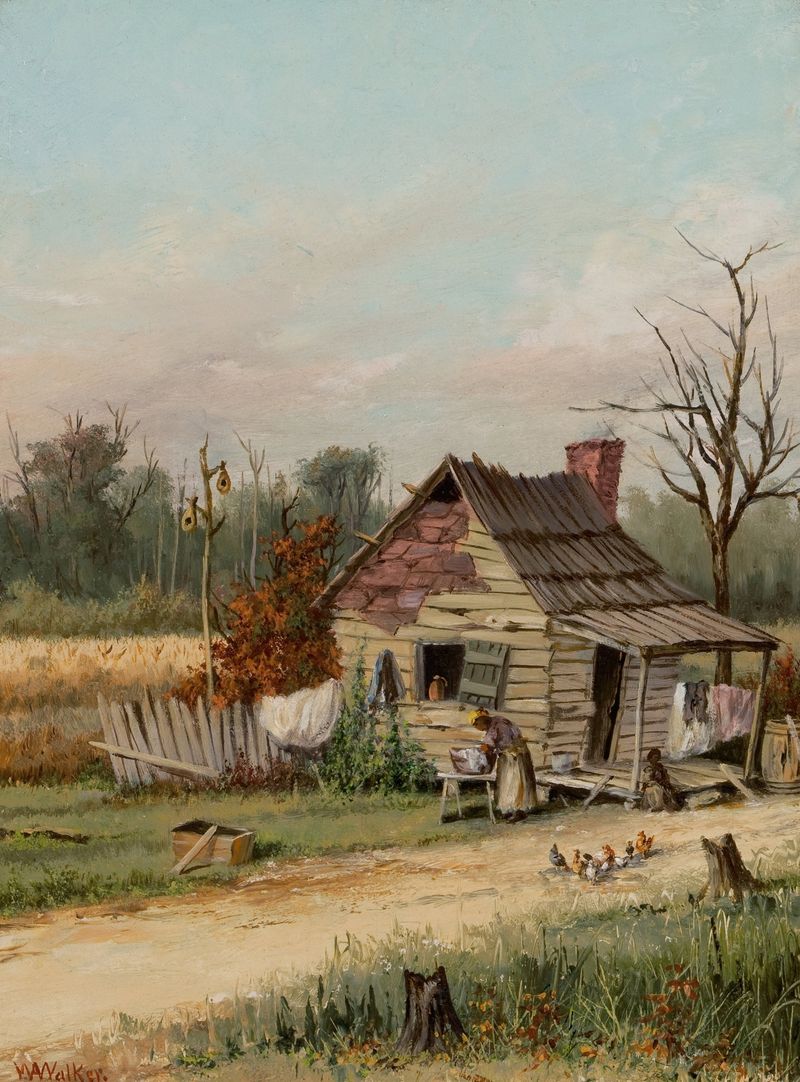 Rickety Ole’ Cabin by William Aiken Walker, oil on canvas depicting a weathered cabin in a landscape