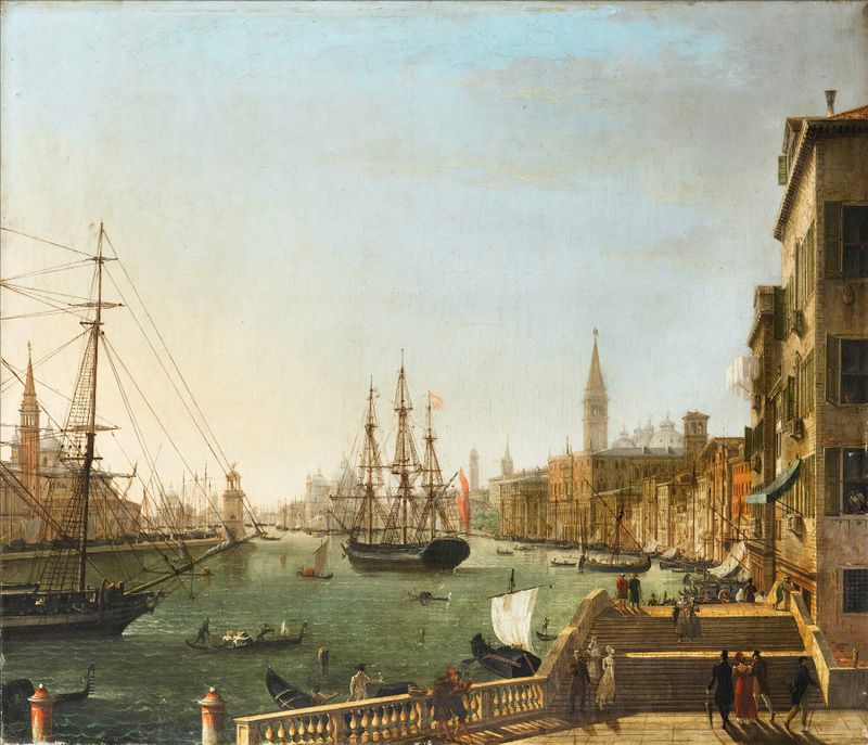 Grand Canal, Venice by Giuseppe Borsato, oil painting depicting a sunset over the canal and architecture.