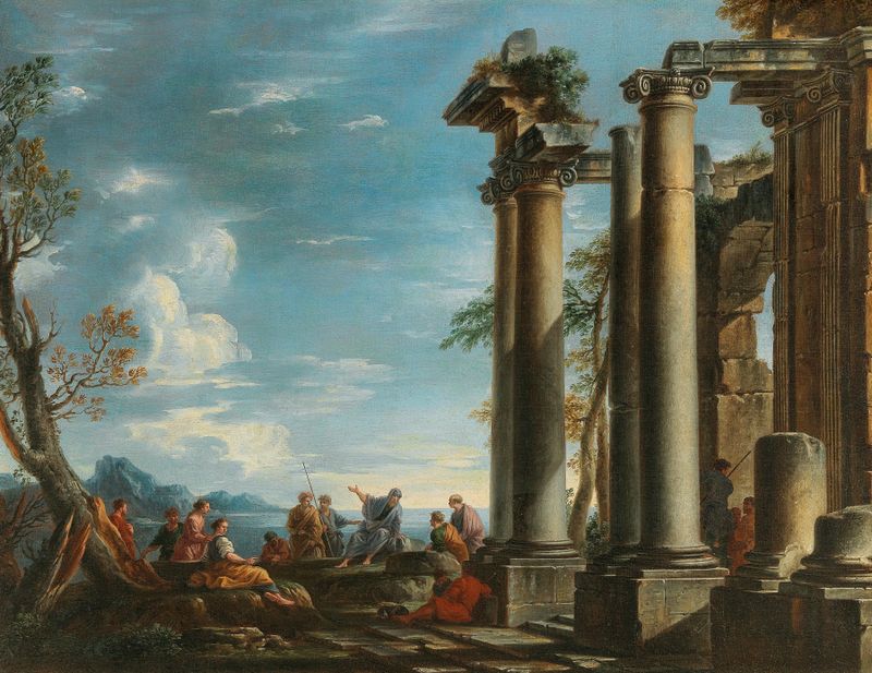 Coastal landscape with figures and ruins by Giovanni Ghisolfi, oil painting