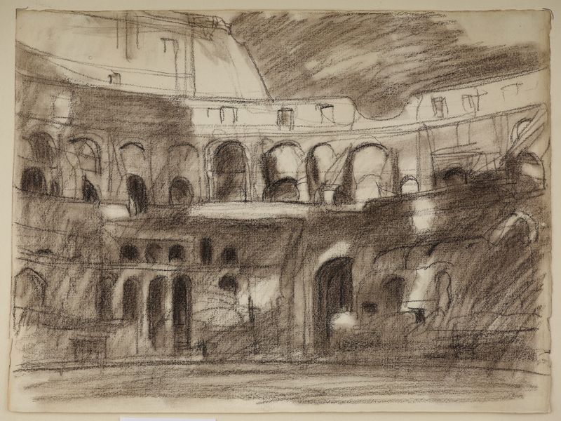 Interior do Coliseu de Wojciech Weiss, pintura a óleo mostrando arcos em ruínas e cores suaves.