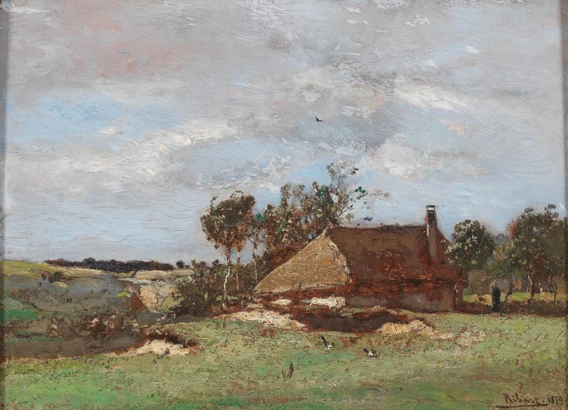 Landschaft mit Bauernhof by Rudolf Ribarz, oil on canvas depicting a tranquil rural landscape.