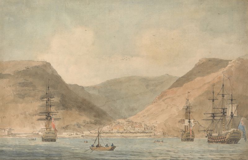 Marine scene depicting coastline and ships by Luke Clennell