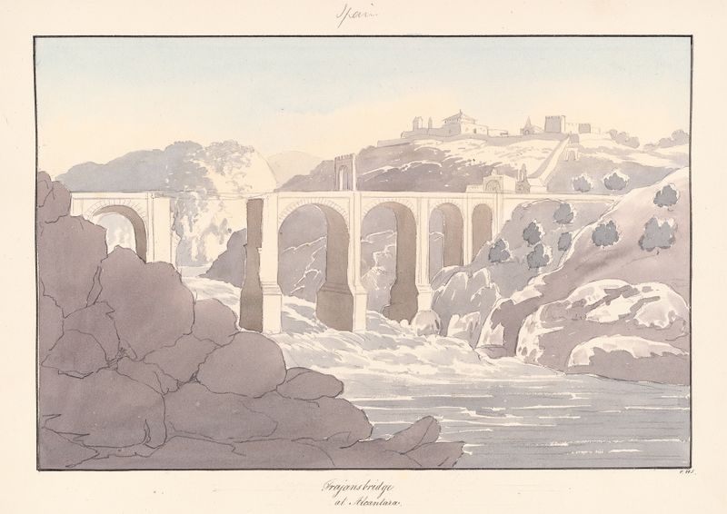 Trajan’s Bridge at Alcantara de Charles Hamilton Smith, óleo que representa un puente histórico contra el cielo.
