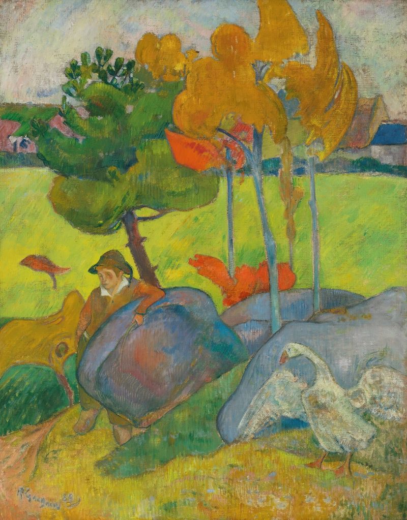 Pintura figurativa a óleo de Paul Gauguin mostrando um menino segurando um ganso