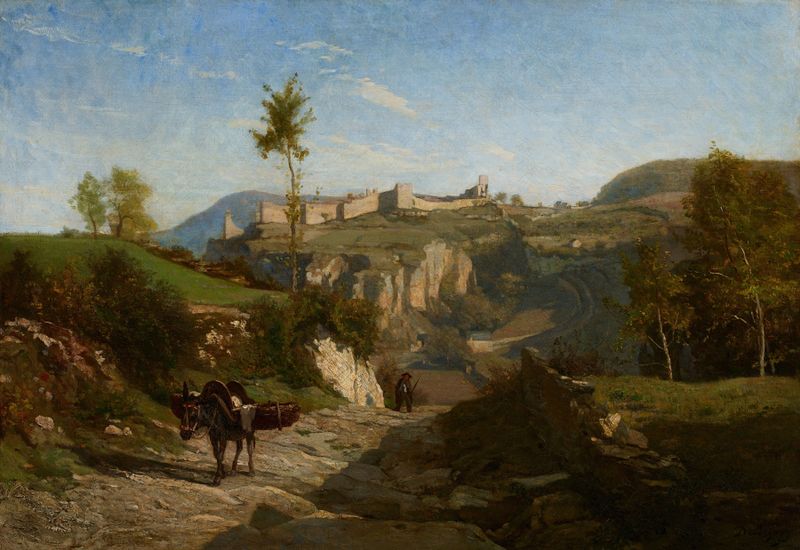 Landscape near Crémieu by Charles François Daubigny, oil painting depicting a stream and hills at dawn.