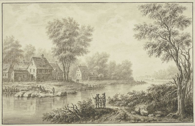 Landscape with a river, anglers, and a village, oil painting by Johann Caspar Zehender