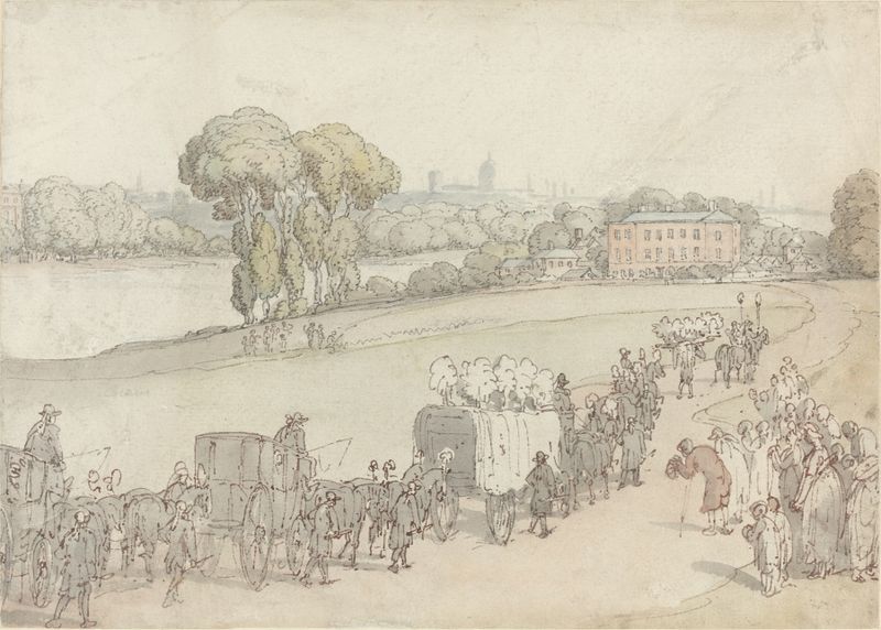 A Funeral Procession de Thomas Rowlandson, retratando os enlutados em uma cena sombria, meio desconhecido.