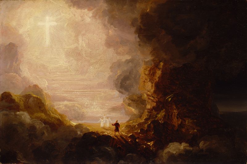 Estudio religioso de Thomas Cole, que representa una figura solitaria con una cruz, pintura al óleo.