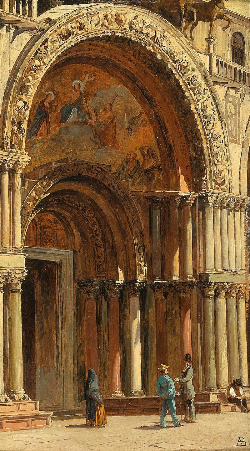 Venecia, la entrada a la Basílica de San Marcos, óleo sobre lienzo de Antonietta Brandeis