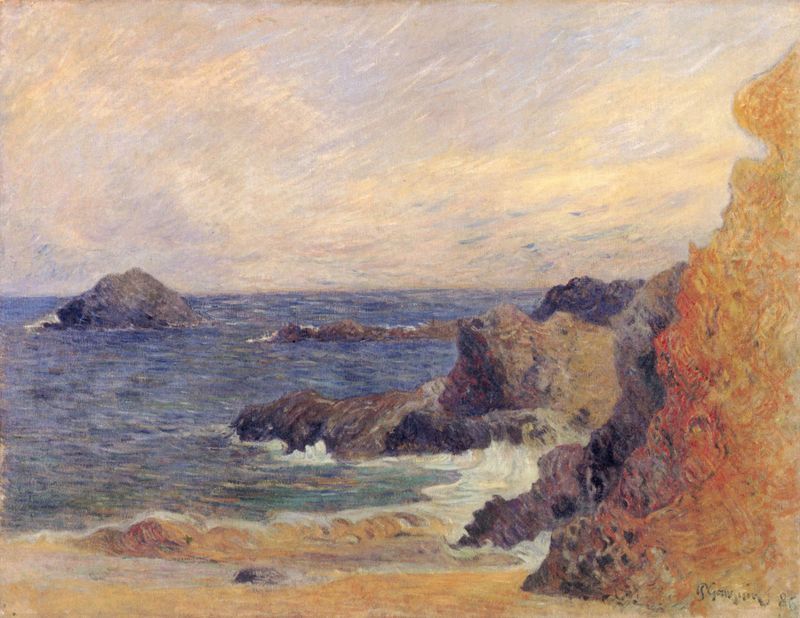 La Côte rocheuse, ou Rochers au bord de la mer de Paul Gauguin, óleo sobre lienzo que representa una costa rocosa.