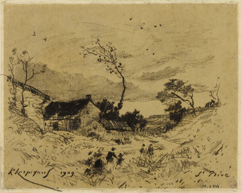 Paysage de Saint-Privé de Henri-Joseph Harpignies, óleo que retrata um pôr do sol sobre a água.