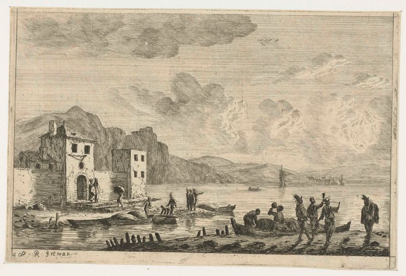 Havenscène met gebouwen op de kade etching by Reinier Nooms depicting ships and buildings by the water