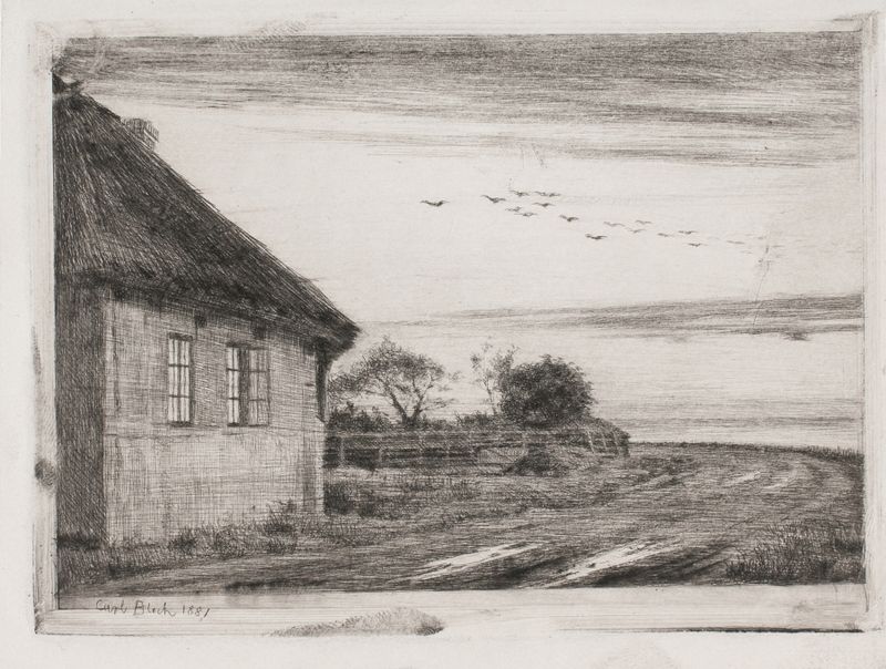Aftenlandskab fra Hellebæk by Carl Bloch, oil on canvas depicting a serene twilight landscape.