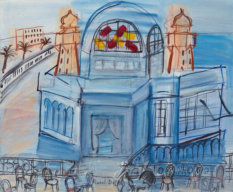 Fauvism artwork by Raoul Dufy depicting a colorful café terrace with chairs.