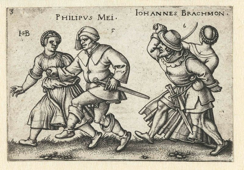 Grabado Dansende boerenparen de Hans Sebald Beham mostrando agricultores bailando en un abrazo alegre.
