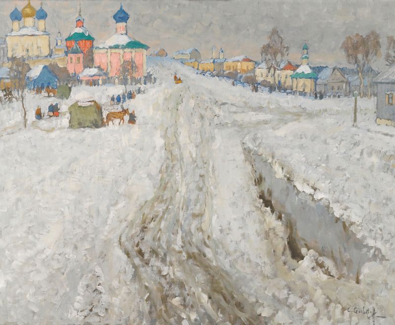 Russian Town Under The Snow, oil on canvas by Konstantin Ivanovich Gorbatov
