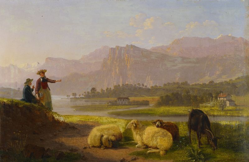 Escena de lago con rebaño, óleo sobre lienzo de Johann Jakob Biedermann