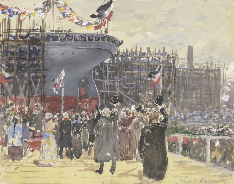Launching of a ship by Leopold von Kalckreuth, oil painting depicting a vessel in the ocean.