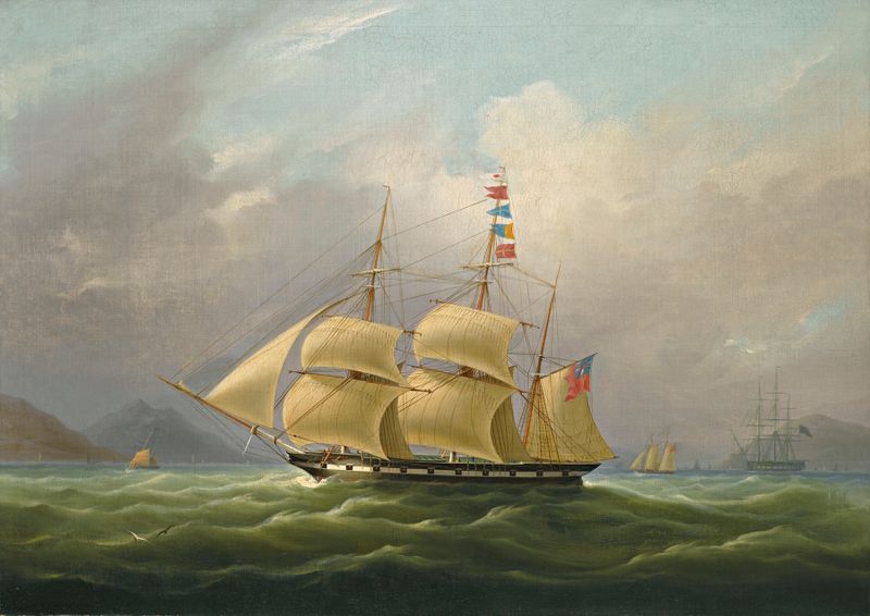 The Barque Sylph, oil on canvas by William John Huggins, depicting a ship anchored on calm waters