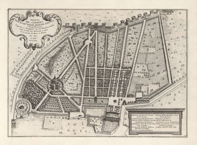 Botanical scene with gardens and plants by Giovanni Battista Falda, 17th century