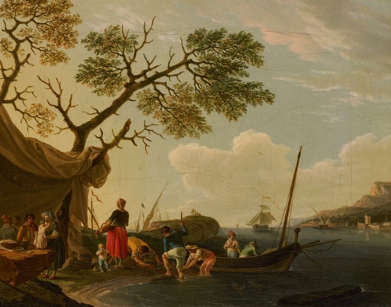 Escena marina con barcos y agua, pintura al óleo de Jean Jacques François Taurel