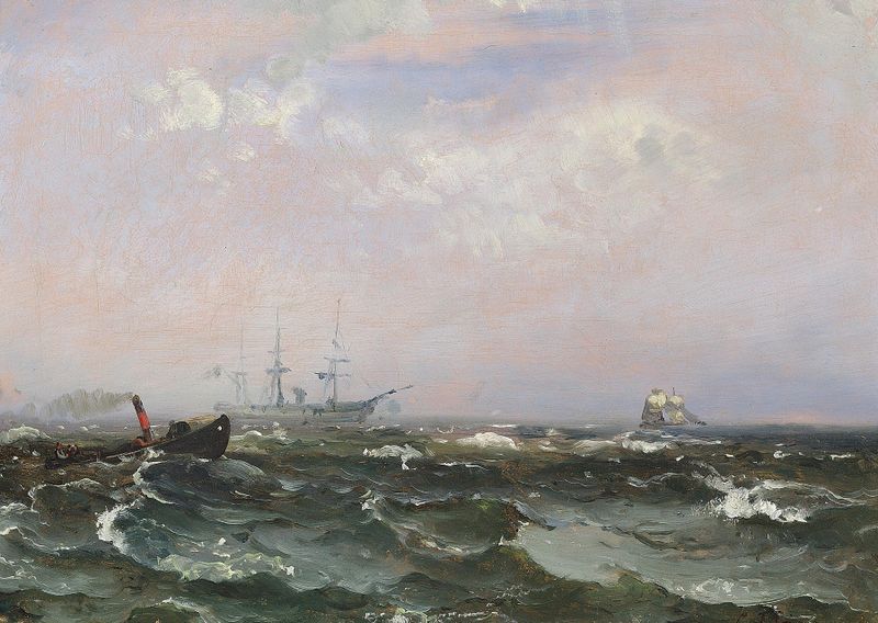 Marine med skibe i frisk vejr by Carl Frederik Sørensen, oil painting depicting ships on a vibrant ocean