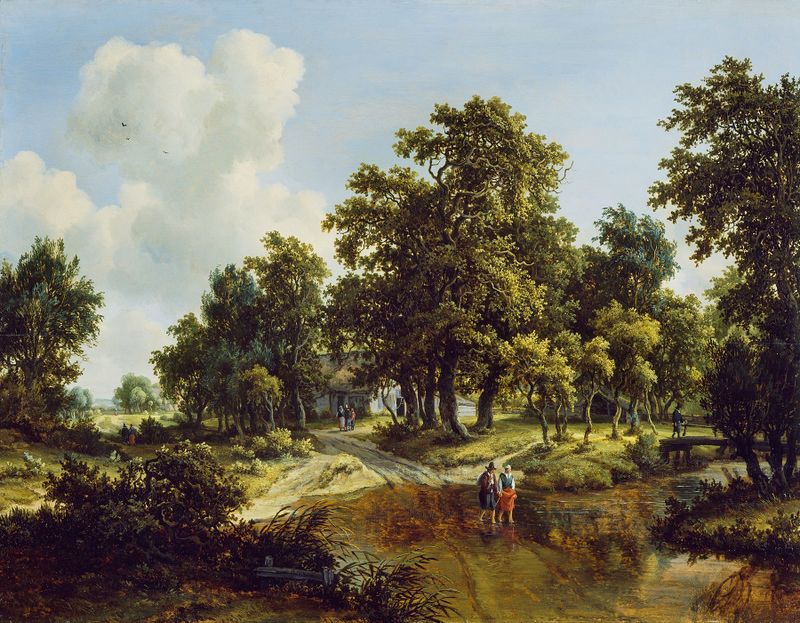 Paisagem com um caminho florestal e folhagem exuberante, pintura a óleo de Meindert Hobbema