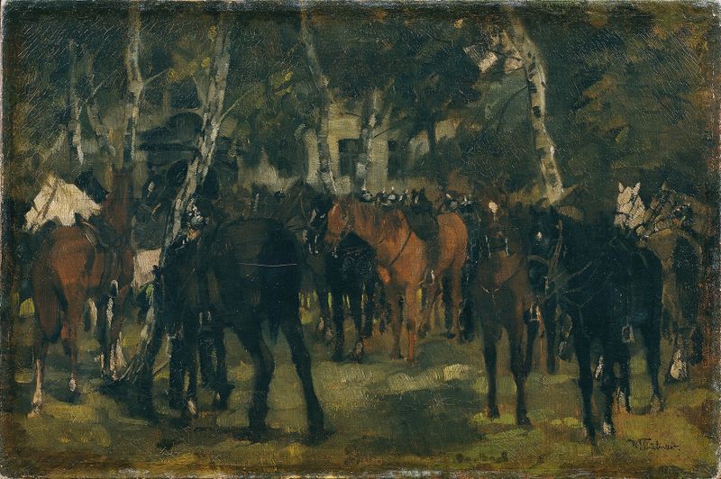 Cuiraseros en tonos terrosos, óleo de Wilhelm Trübner