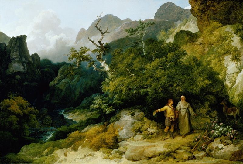 El Ermitaño de Philip James de Loutherbourg, óleo sobre lienzo, presenta una figura mirando el agua.