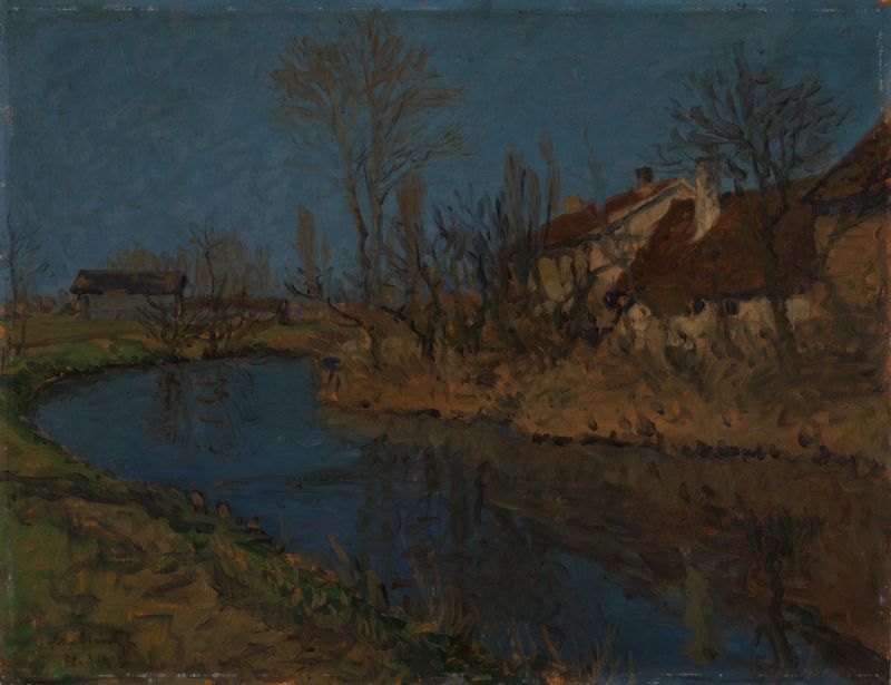 Landscape oil painting by Adolf Luntz featuring a blue sky and tranquil horizon.