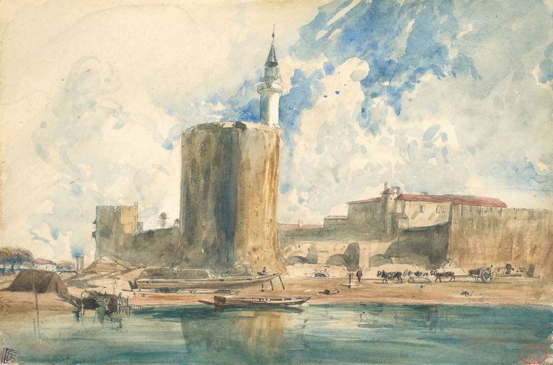 La Tour de Constance by Paul Huet, oil painting, illuminated by golden light
