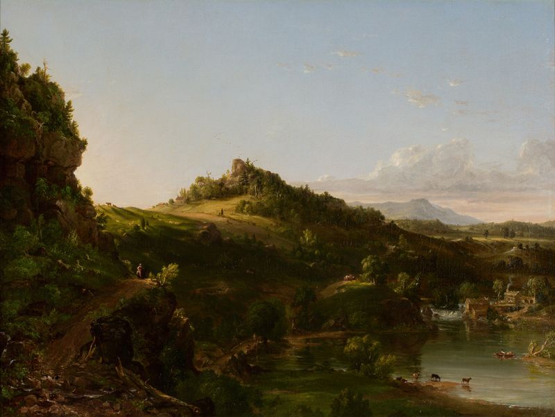 Paisagem com colinas suaves e montanhas enevoadas de Thomas Cole, pintura a óleo