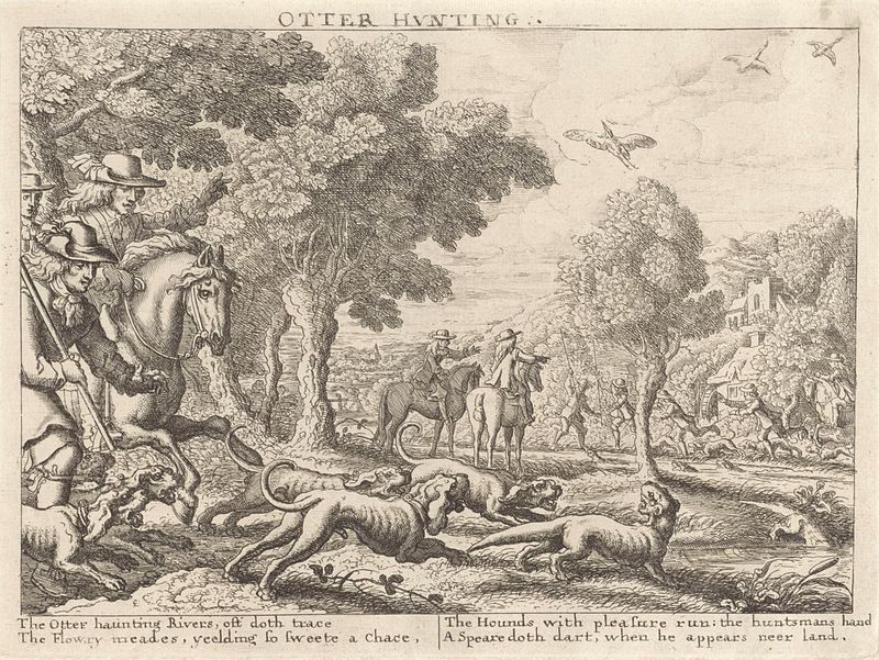 Otterjacht gravura de Richard Gaywood mostrando uma lontra em águas turbulentas