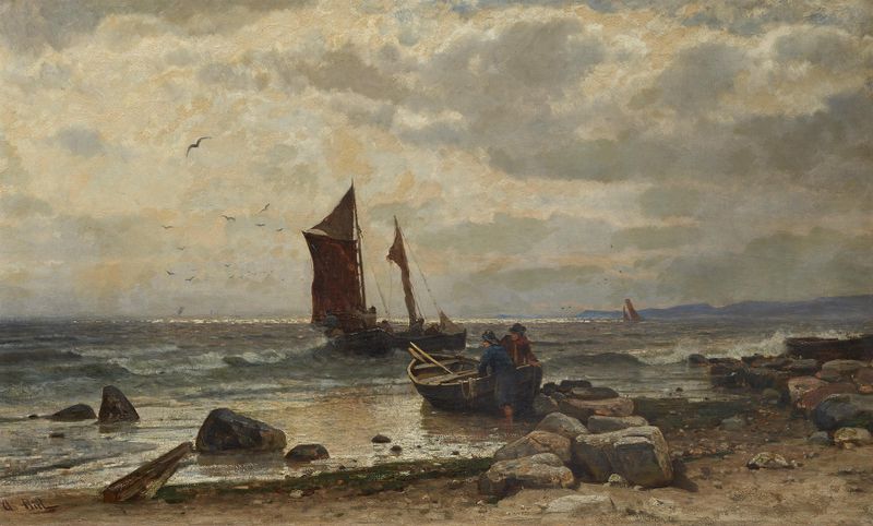 Fischerboote am Strand de Antonie Biel, impresionismo, representando barcos en una playa con luz dorada