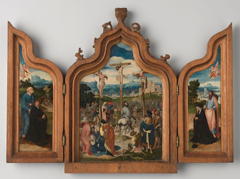 Triptych by Pseudo Jan Wellens de Cock, oil on panel depicting the Crucifixion with saints and donors.