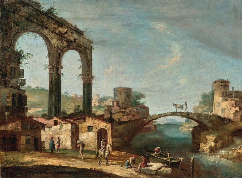 Paisaje con ruinas clásicas y figuras junto a un río, óleo sobre lienzo de Francesco Albotto