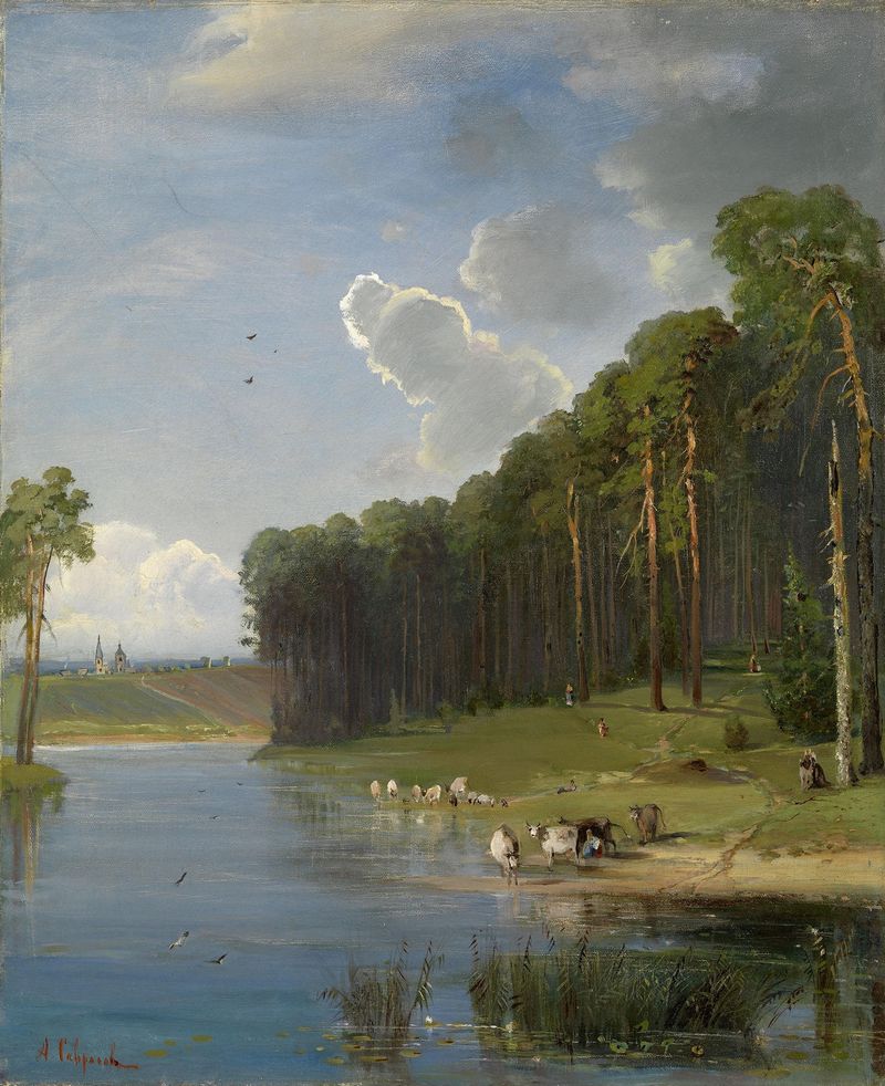 Pastoral scene by Alexei Kondratievich Savrasov, oil on canvas depicting a tranquil landscape with a stream.