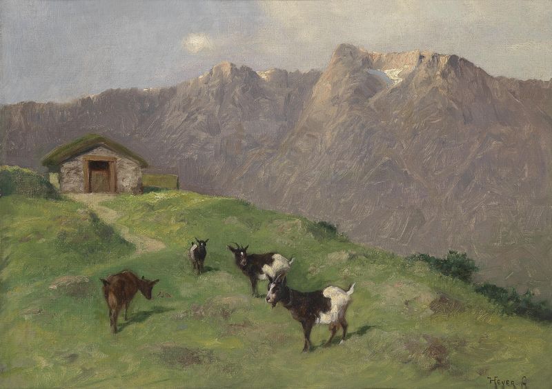 Paisaje con montañas en tonos terrosos de Arthur Heyer, pintura al óleo