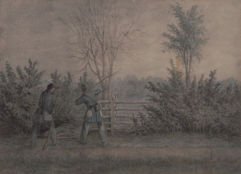 Desenho histórico de soldados em dever de piquete por James Fuller Queen