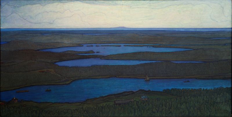 Landscape of a forest and lake, oil on canvas by Otto Hesselbom