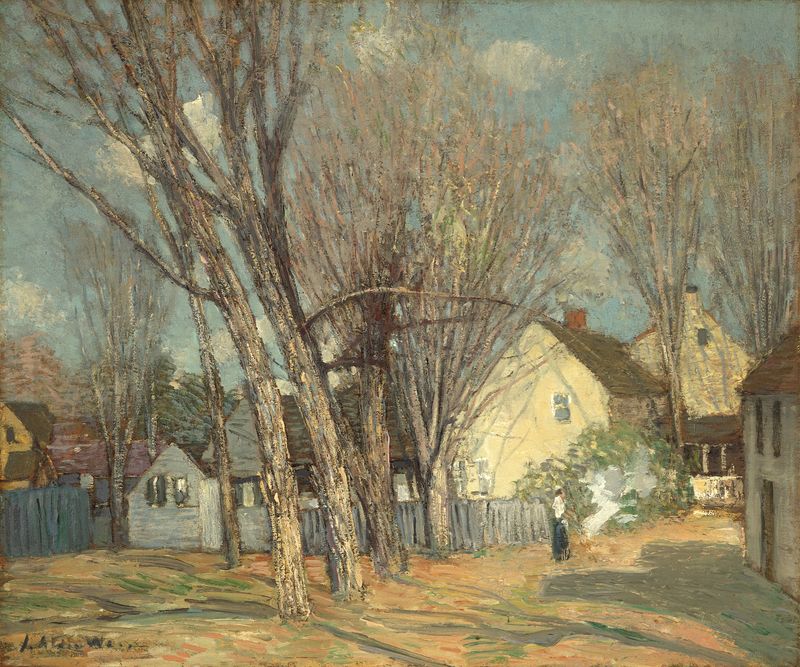 Paisaje con río y pueblo, óleo sobre lienzo de Julian Alden Weir