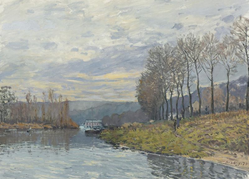 La Seine À Bougival de Alfred Sisley, pintura a óleo de uma paisagem de rio tranquila.