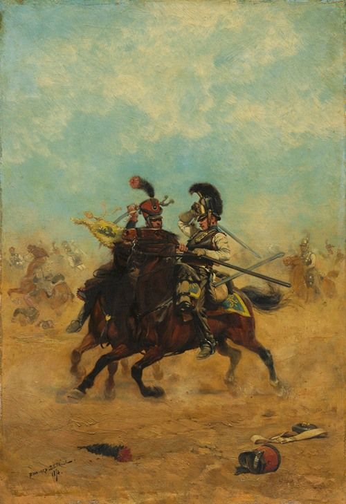 A dramatic scene of soldiers in battle, showcasing their bravery and struggle.